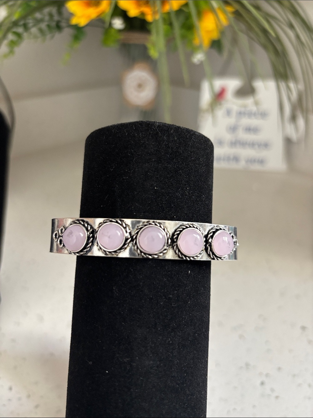 Sterling Silver Pink Rose Quartz Gemstone Cuff Bracelet - Adjustable